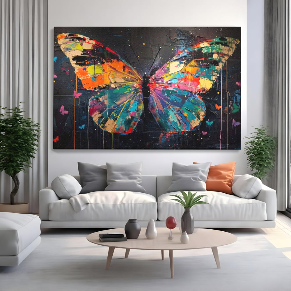 Tablou canvas cu tablou canvas cu fluture multicolor, fara rama, pe sasiu de lemn, pe perete intr-un living